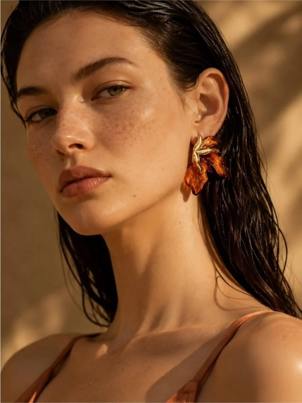 Gold tone and Amber Leaf Drop Earrings
